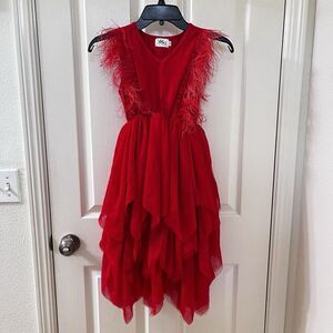 Lola + The Boys Red Gigi Faux Feather Tulle Dress Girls Size 12